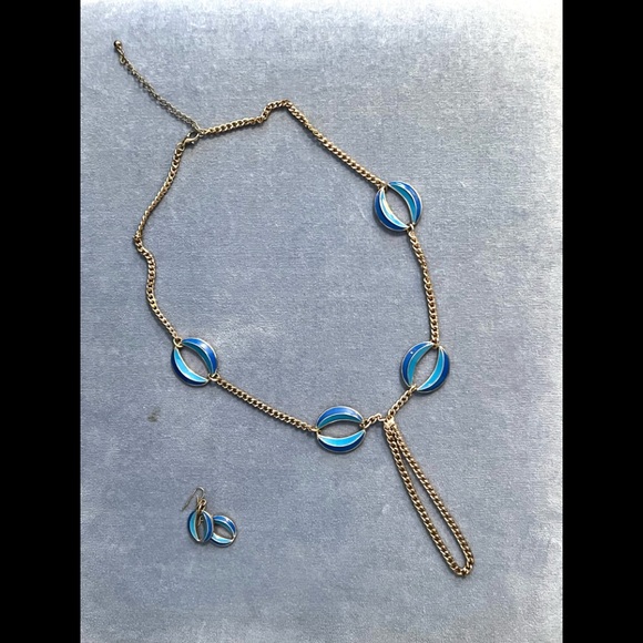Necklace Set with Matching Earrings, Blue, Turquoise, Gold - Picture 2 of 3
